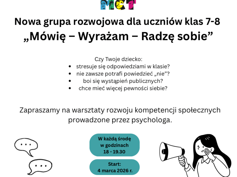 Nowa grupa rozwojowa dla uczniów klas 7-8: “Mówię – Wyrażam – Radzę&nbsp;sobie”